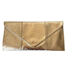 Metallic Gold Snakeskin Pattern Envelope Clutch With Magnetic Snap Closure & Int